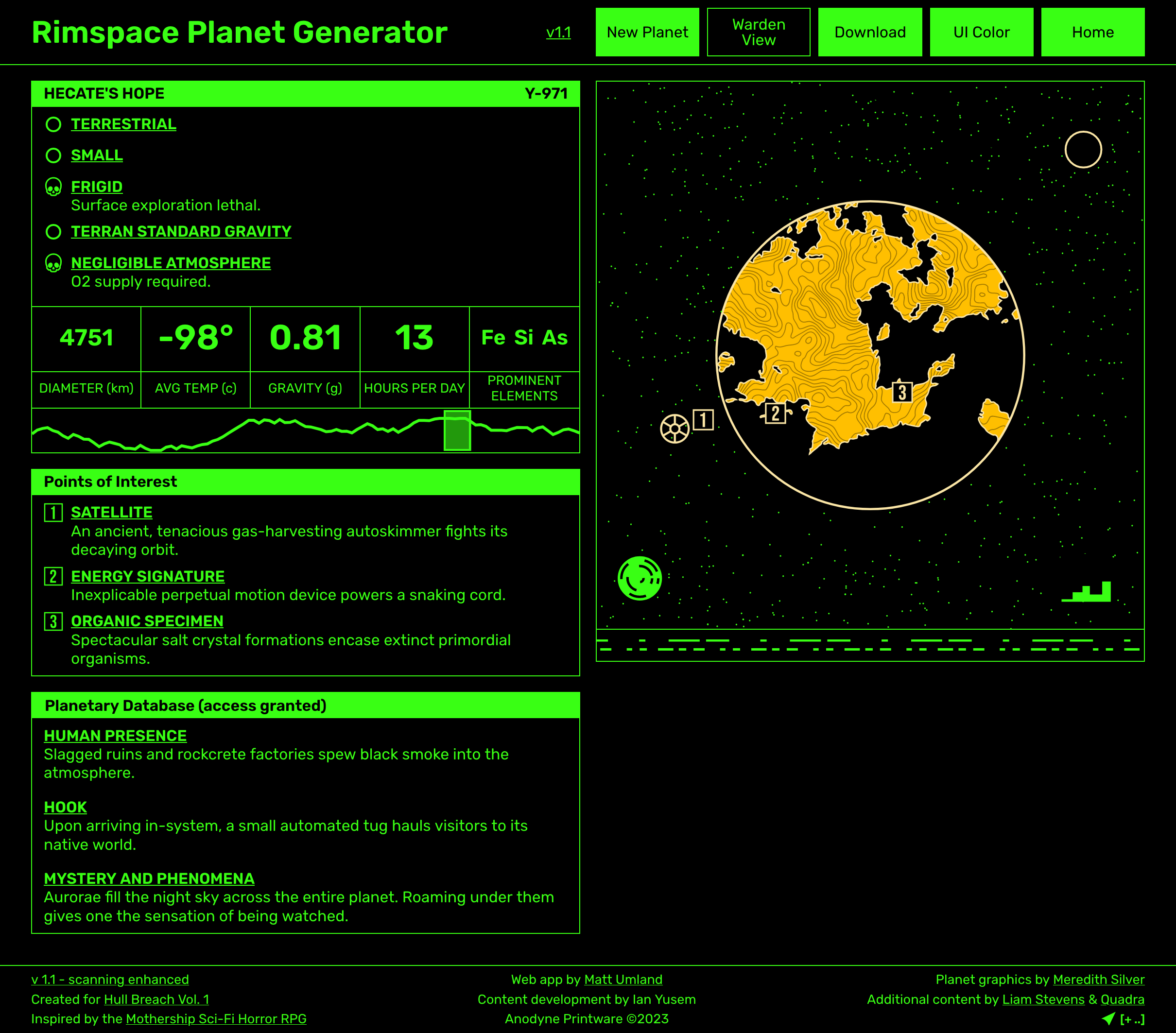 Rimspace Planet Generator (Green UI, terrestrial planet)